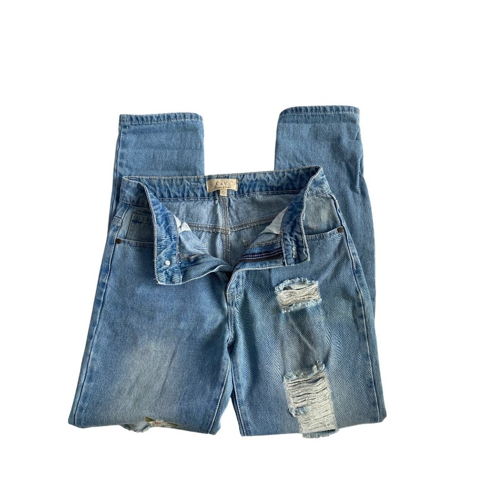 Chelsea & Violet High Rise Distressed Floral Embroidered Mom Jeans 28 Country - Picture 14 of 15